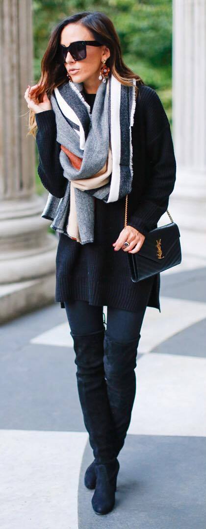 ootd _ scarf + black oversized sweater + skinnies + over knee boots + bag
