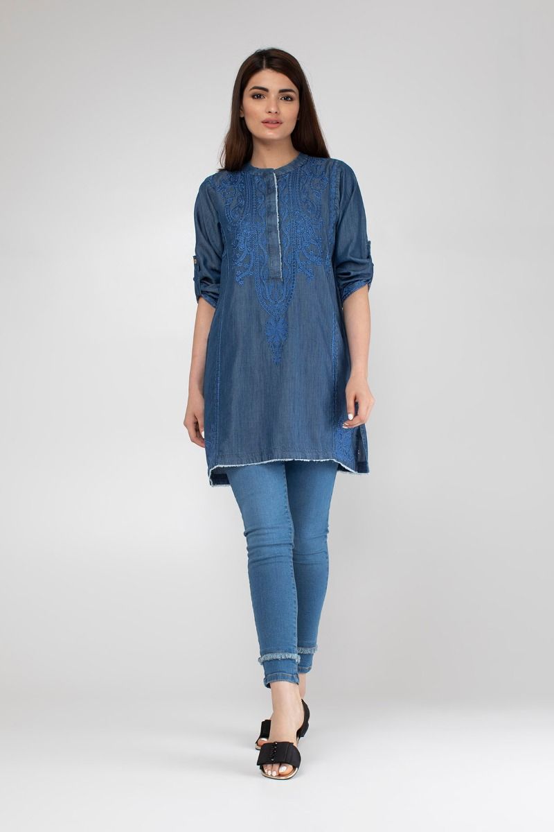 Khaadi Pret 2018 Embroidered Denim Tunic SKU ETE18221-Blue with model ...