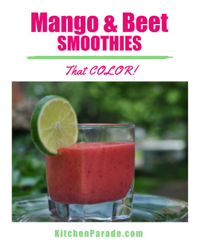 Mango & Beet Smoothies ♥ KitchenParade.com, sweetened with unrefined sugar from beets, gorgeous color!