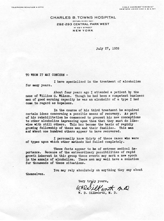 aa tradition Dr. William Duncan Silkworth's letter