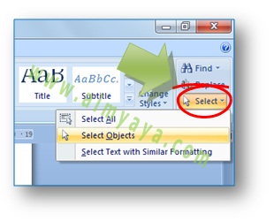 Gambar: cara memilih object / shape pada area tertentu di dokumen Microsoft Word