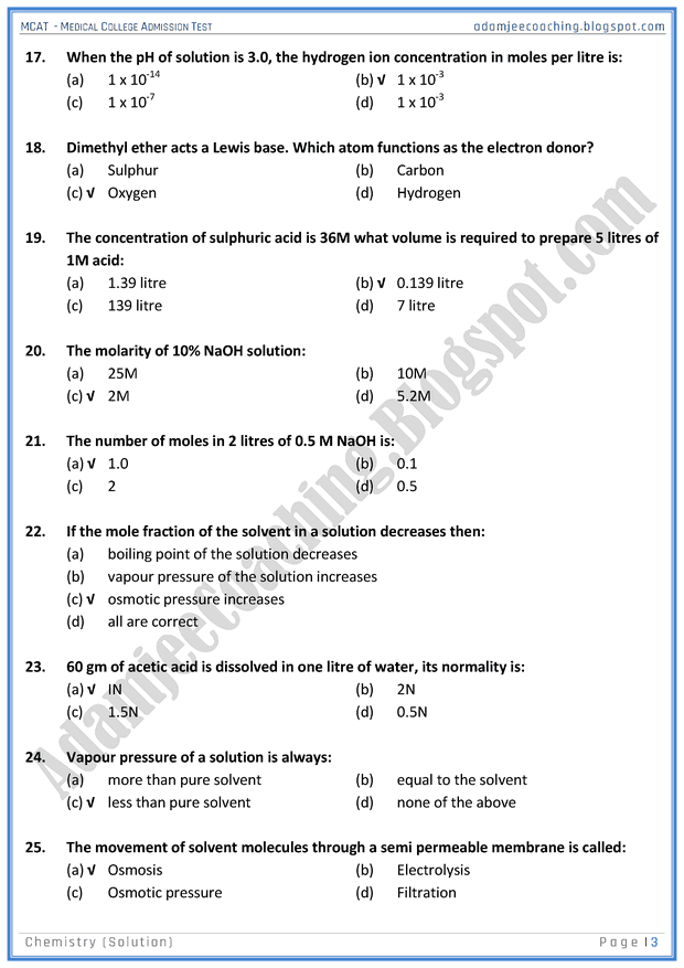 Adamjee Coaching MCAT Chemistry [Solution] Mcqs for Medical Entry Test