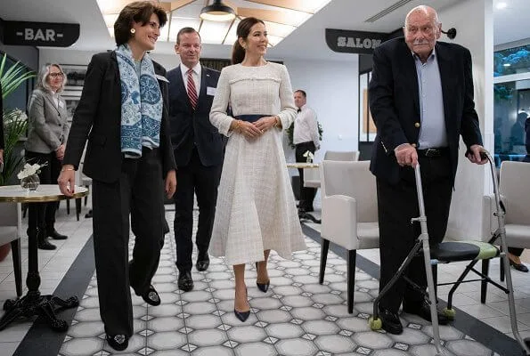 Crown Princess Mary wore a dress by Ole Yde Copenhagen, Gianvito Rossi pumps and carried Prada bag