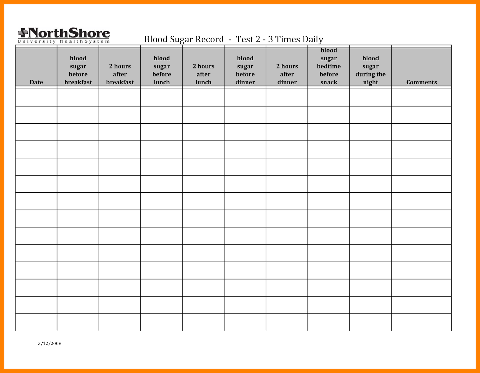 Blood sugar log template In PDF Format