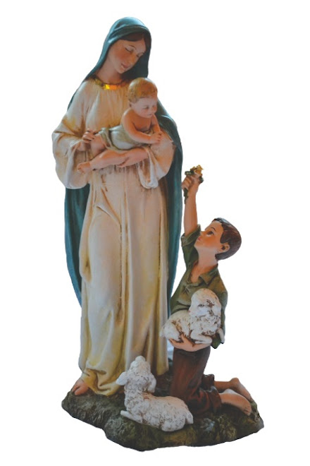 Our Lady holding Jesus as He accepts flowers from the shepherd child