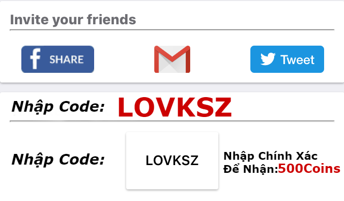 Nhập mã code LOVKSZ để đăng ký thành công và nhận thêm 500 Coins