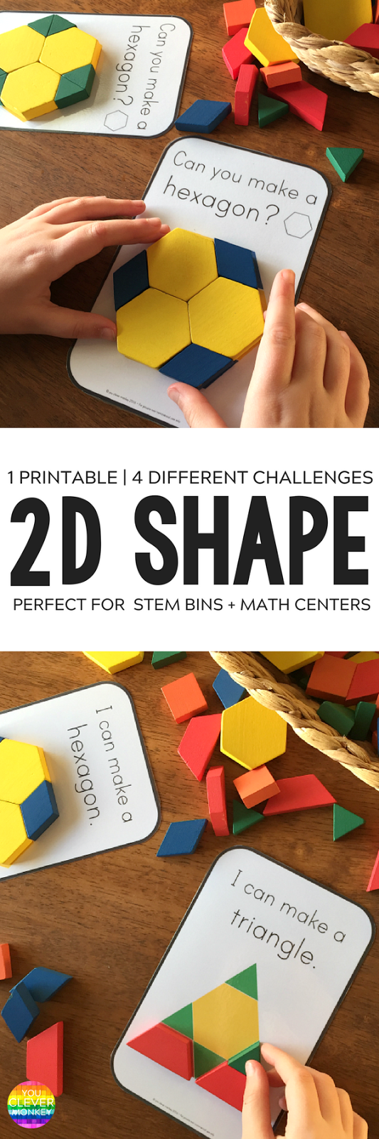 2D Shape STEM Pattern Block Challenge Cards - Grab these printable 2D Shape STEM challenge cards to add to your pattern blocks! Hands-on way for kindergarten aged children and first graders to learn how to make new shapes from other 2D shapes. These easy to prep printable 2D shape cards include three different sets of cards to challenge children while they learn about shapes and geometry in math while making differentiation easier than ever! #kindergartenmathcenters #stemcenters #firstgrademath #2dshapes #patternblockactivities
