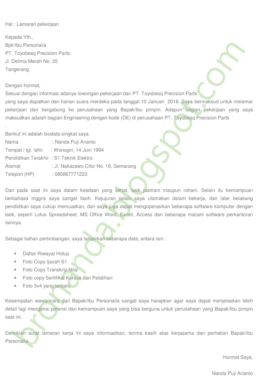 surat lamaran karja
