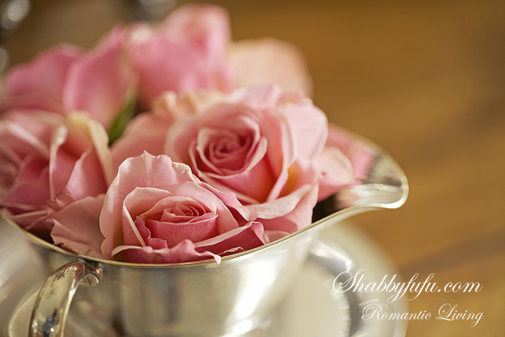 Styling A Sideboard - Shabby Chic Style pink roses in a silver cup