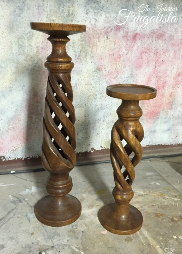 Wooden thrift store candleholders Before