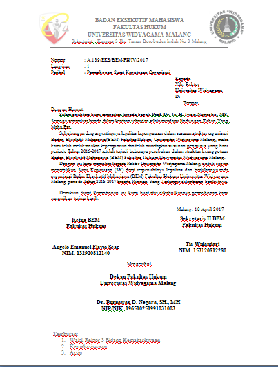 Contoh Surat Permohonan Keputusan Organisasi Bem Fh