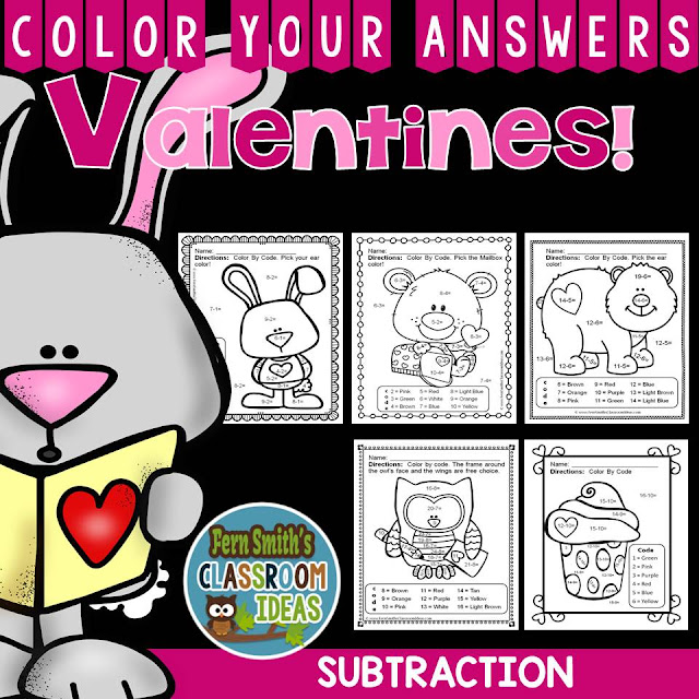    Fern Smith's Classroom Ideas Valentines Day - Valentine's Day Math: Valentine's Day Fun! Valentine Subtraction - Color Your Answers Printables for St. Valentine's Day Subtraction Fun in your classroom at TPT, TeachersPayTeachers.