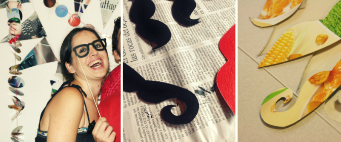 Complementos para el photocall, bigotes, labios, gafas, hechas con cartón.