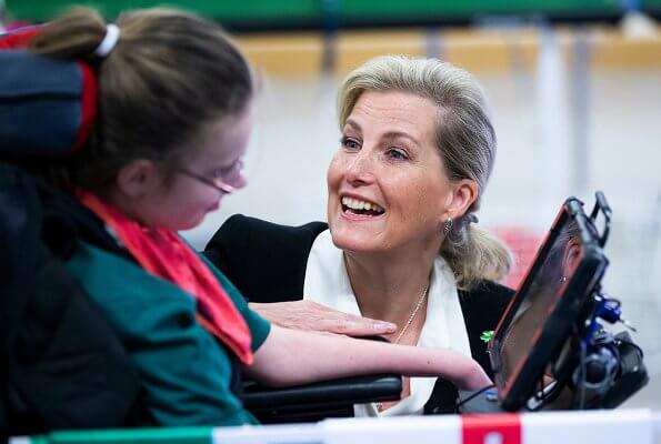 The Countess visited a variety of classroom activities including Science, Design and Technology. blazer and trousers