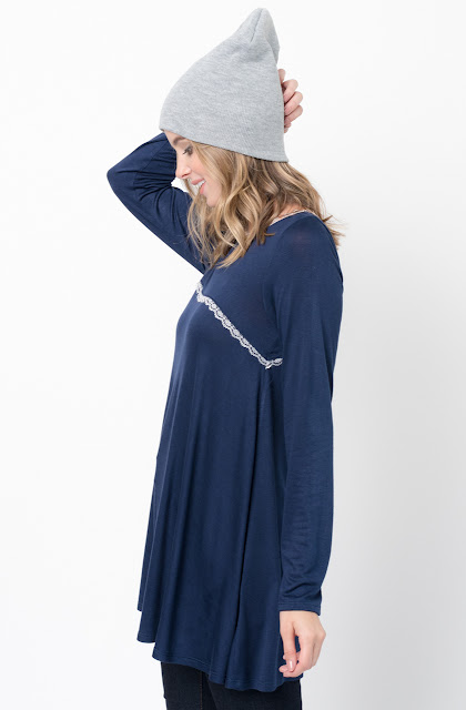 Buy Now navy Lace Trim Long Sleeve Jersey Top Tunic Online - $34 -@caralase.com