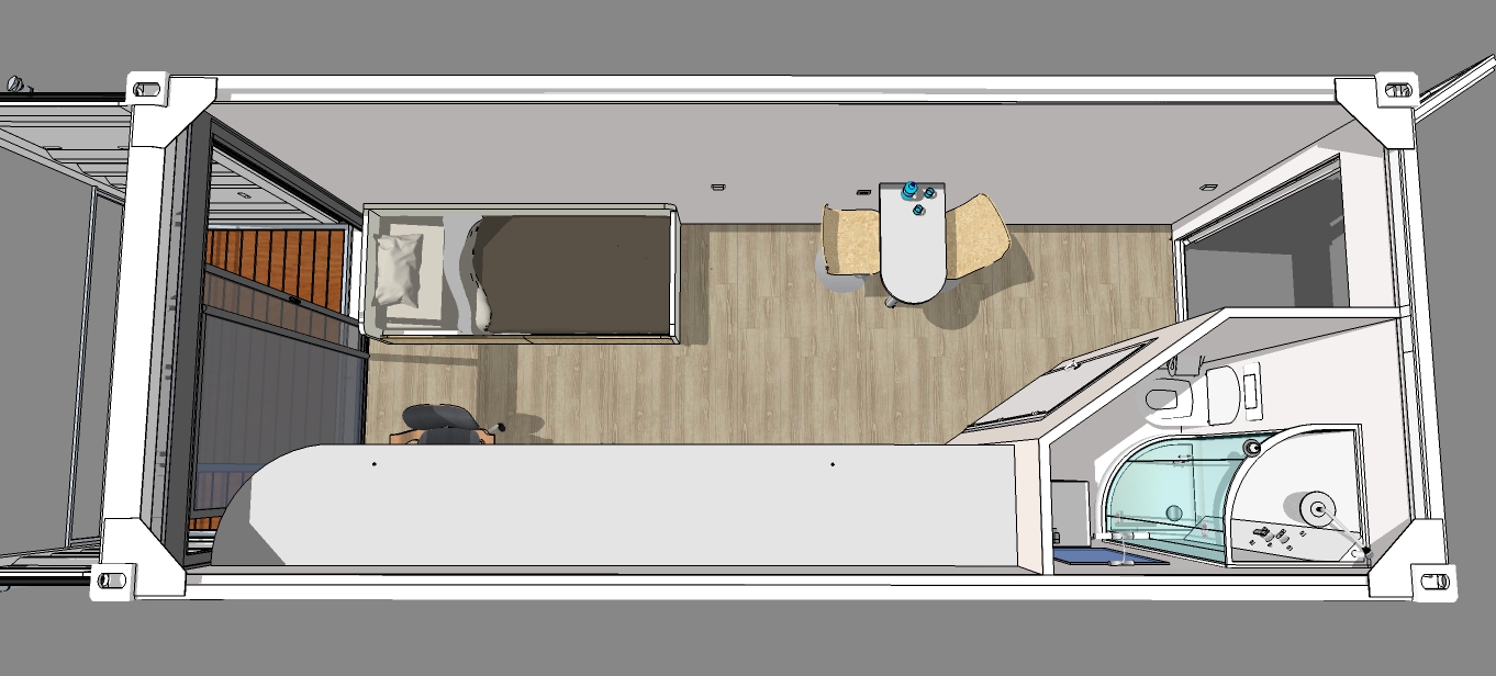 Agencement intérieur du container aménagé en studio : vue 2