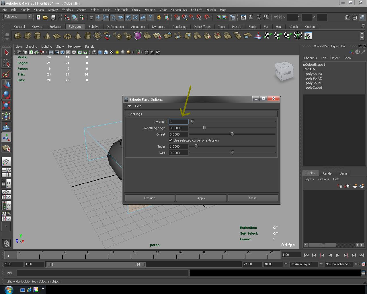 Edit object. Майя Extrude face options.