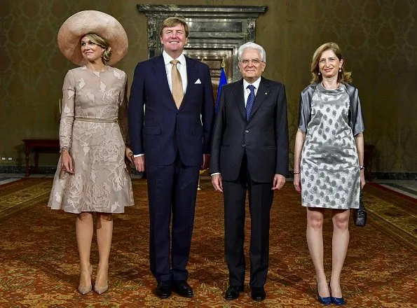 Italy's President Mr. S. Mattarella and Mrs Laura Mattarella (Daughter of the President). Queen Maxima wore a Natan branded dress again which is her favorite brand