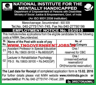 Applications are invited for Teaching  Posts in NIMH Secunderabad