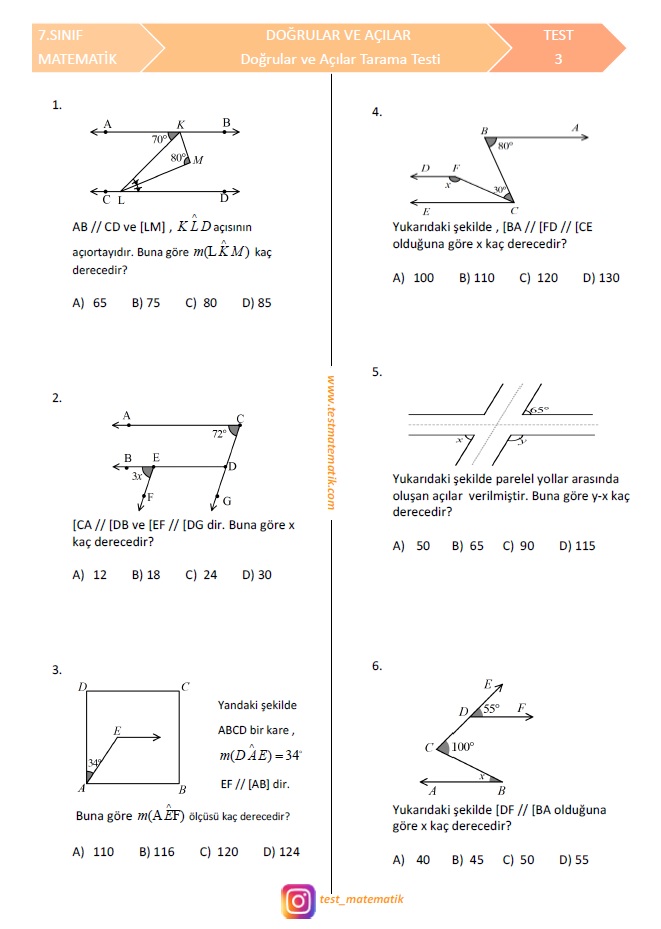 7 Sinif Dogrular Ve Acilar Tarama Testi Test Matematik