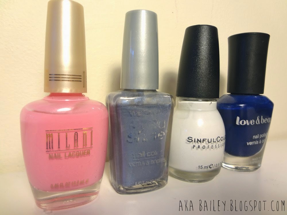 Milani - Tip Toe Pink, Sinful Colors - Snow Me White, Wet 'n Wild - Rain Check, and Love & Beauty - Navy, nail polish