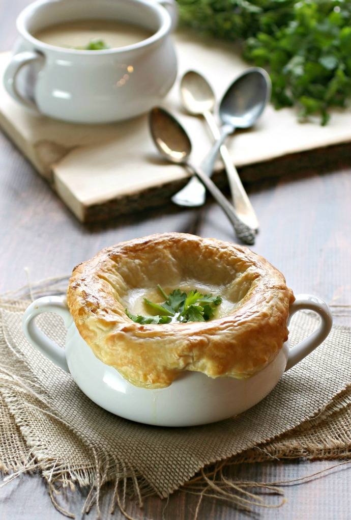 Onion and Smoked Gouda Bisque with Puff Pastry