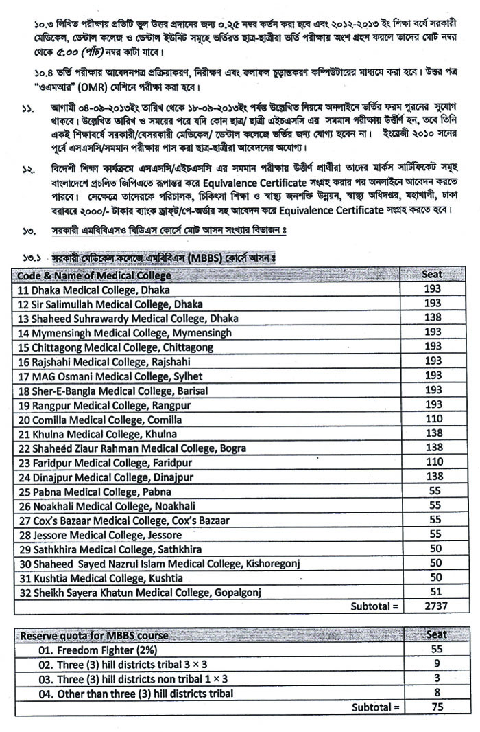 Medical (MBBS) and Dental (BDS) College Admission test Notice/Circular