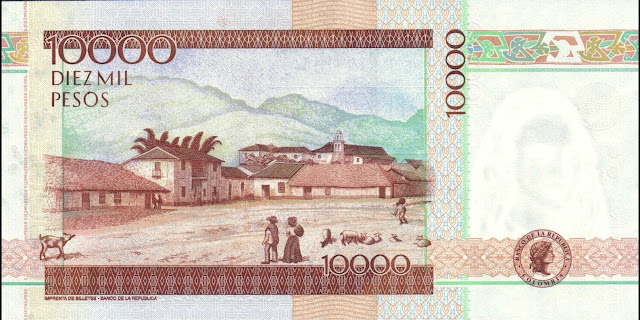 Colombia money currency 10000 Pesos banknote 2011 Guaduas main plaza