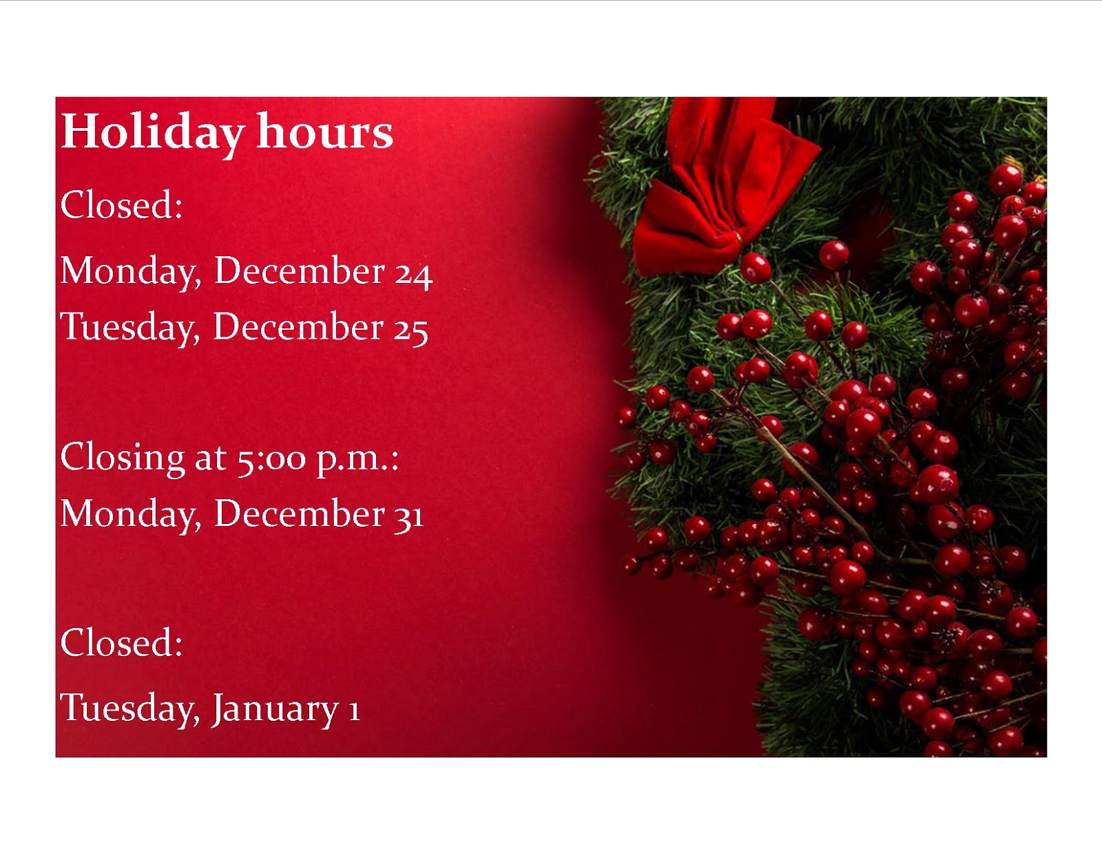 Litchfield Public Library Holiday Hours Litchfield Public Library Holiday Hours