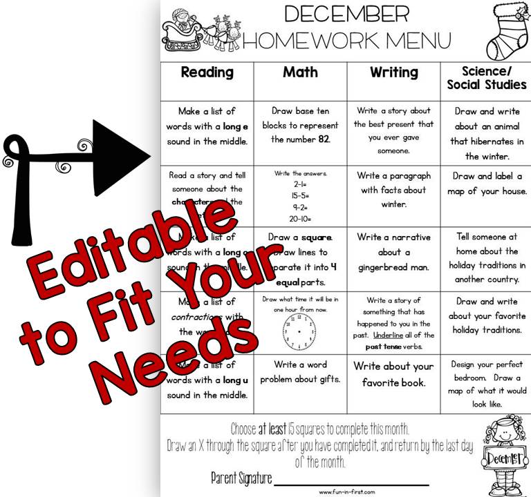 Editable Homework Menus For The Entire Year Fun In First