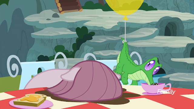 Pinkie Pie faceplanted into a cup of tea while Gummy hangs from a balloon by his tail and blows bubbles in his tea. 
