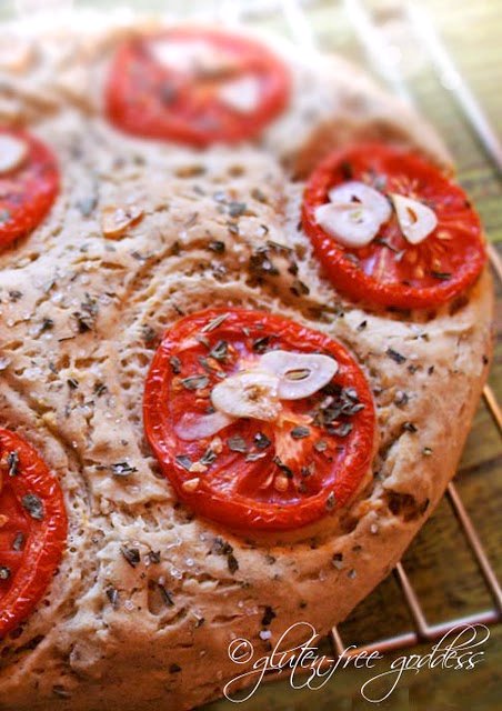 Gluten free focaccia with garlic and tomatoes