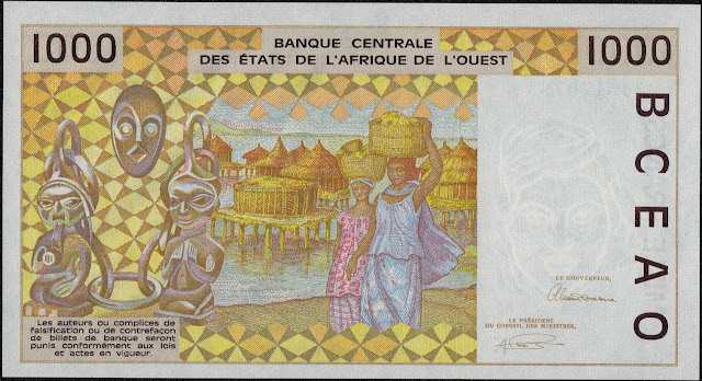 West African States Currency 1000 CFA Francs banknote 1993 African women carrying baskets of fruit on their heads