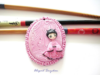 figurine, geisha, polymer clay jewelry, handmade, pendant