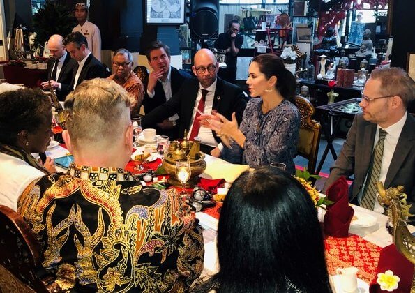 Crown Princess Mary wore Michael Michael Kors jacquard print maxi dress. UNFPA Executive Director Natalia Kanem visited the Indonesia