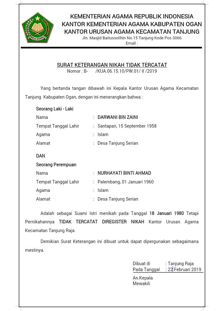 Rumah Ketikan Contoh Surat Keterangan Nikah Tidak Tercatat