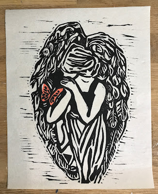 angel art, linoleum block printing