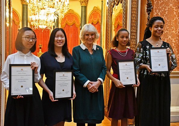 Winners, Veronica Shen, Catherine Wang, Elise Jensen and Nnemdi Ozoemena. Duchess of Cornwall met with Author Geri Horner