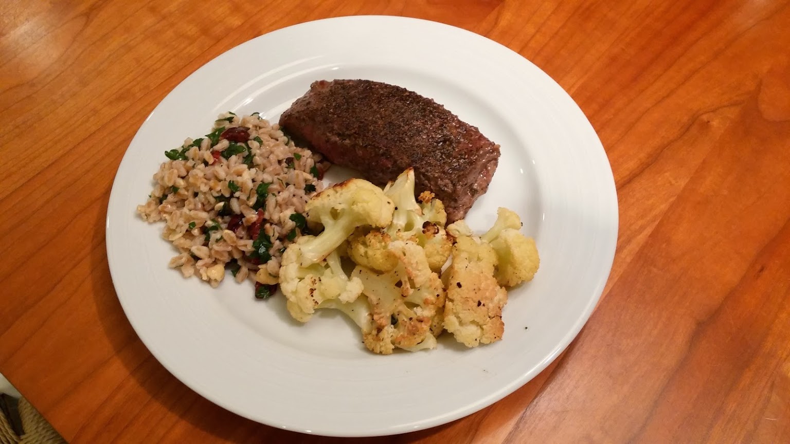 PeachDish flat iron steak with farro salad and cauliflower