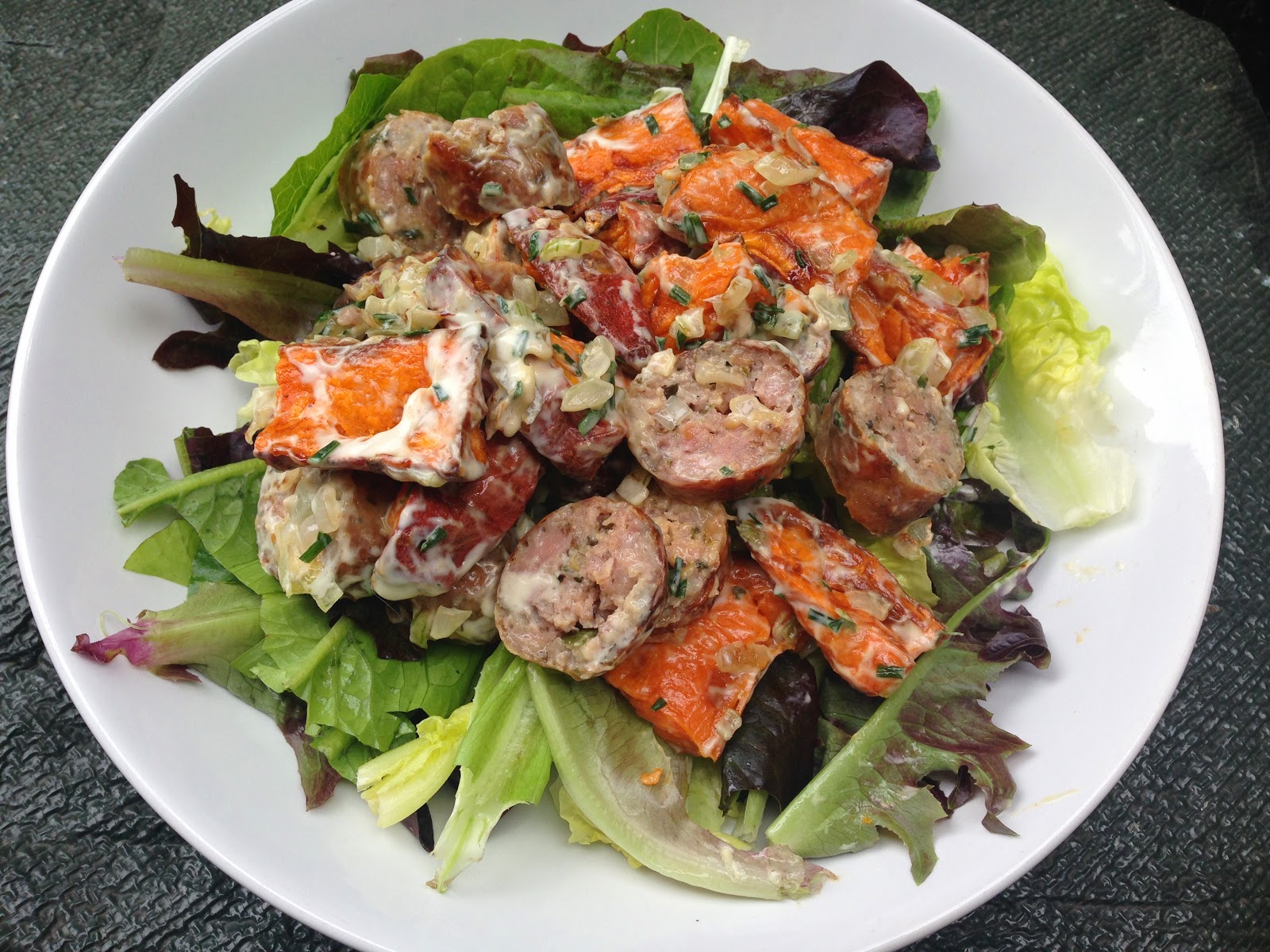 Lemon and Cheese Sweet Potato and Sausage Salad