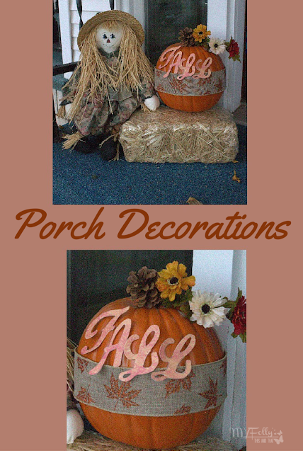 Decorating the porch for Fall with an easy decorated pumpkin and scarecrow doll. 
