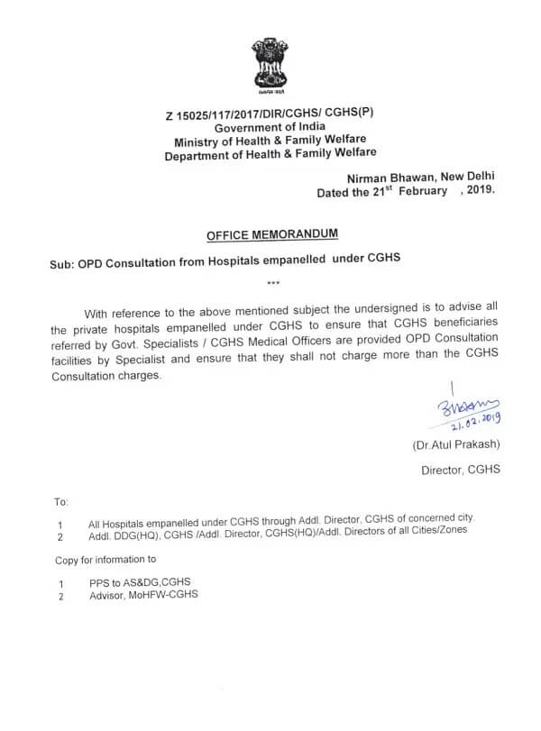 Ensure CGHS Beneficiaries are provided OPD Consultation at CGHS consultation charge by