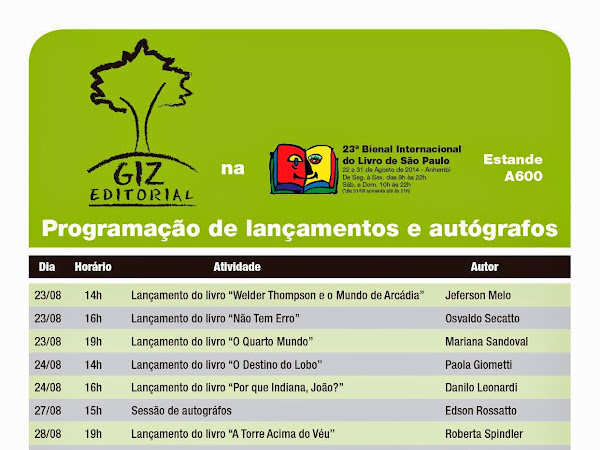 Programação da Giz Editorial para a XXIII Bienal do Livro de São Paulo + sorteio de 200 pares de ingressos