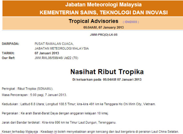 Ribut Tropika Sonamu Akan Melanda Malaysia