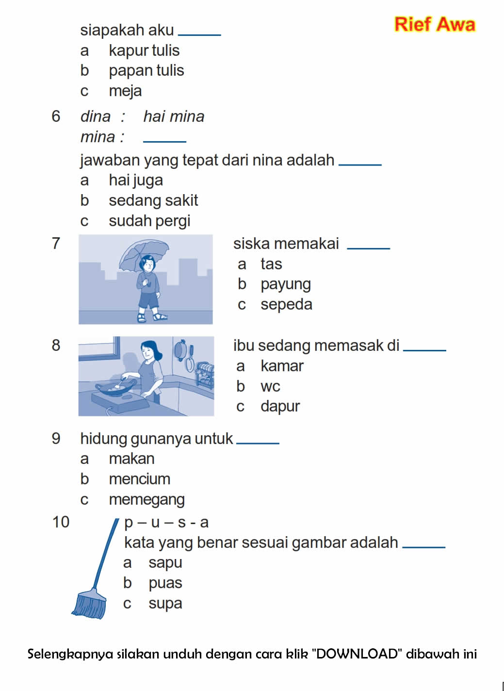 Download Soal UAS Ganjil Bahasa Indonesia Kelas 1 Semester 1 - Rief Awa