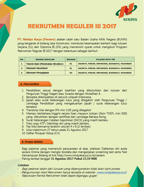 Lowongan Kerja Terbaru Pt Nindya Karya Persero Rekrutmen Regular Iii 2017