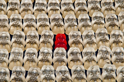 Most of the Low-Carb World Doesn't Accept Individuality Red Gummy Bear in Center of Dozens of White Ones