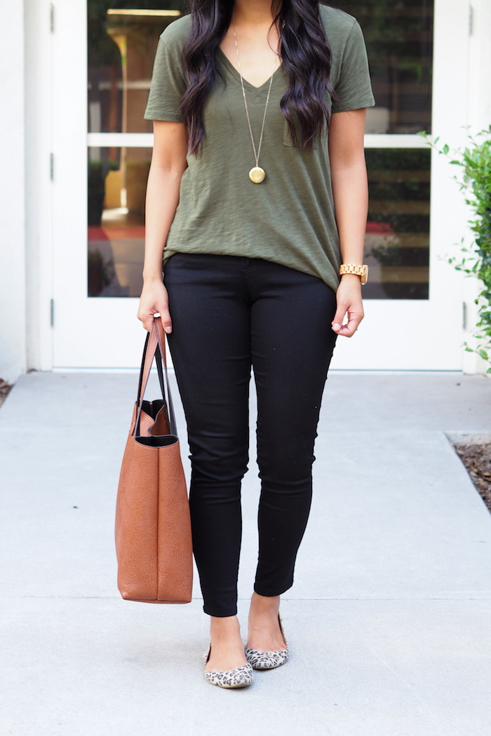 black jeans olive green shirt