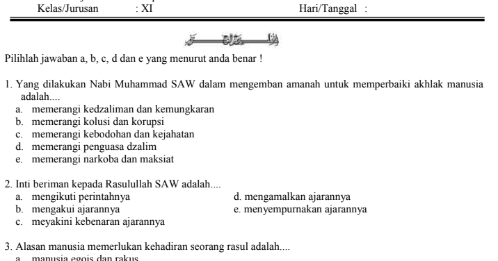 Contoh Soal UAS Akidah Akhlak Kls XI MA Semester 1