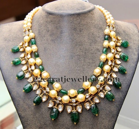 South Pearls Emeralds Kundan Choker - Jewellery Designs